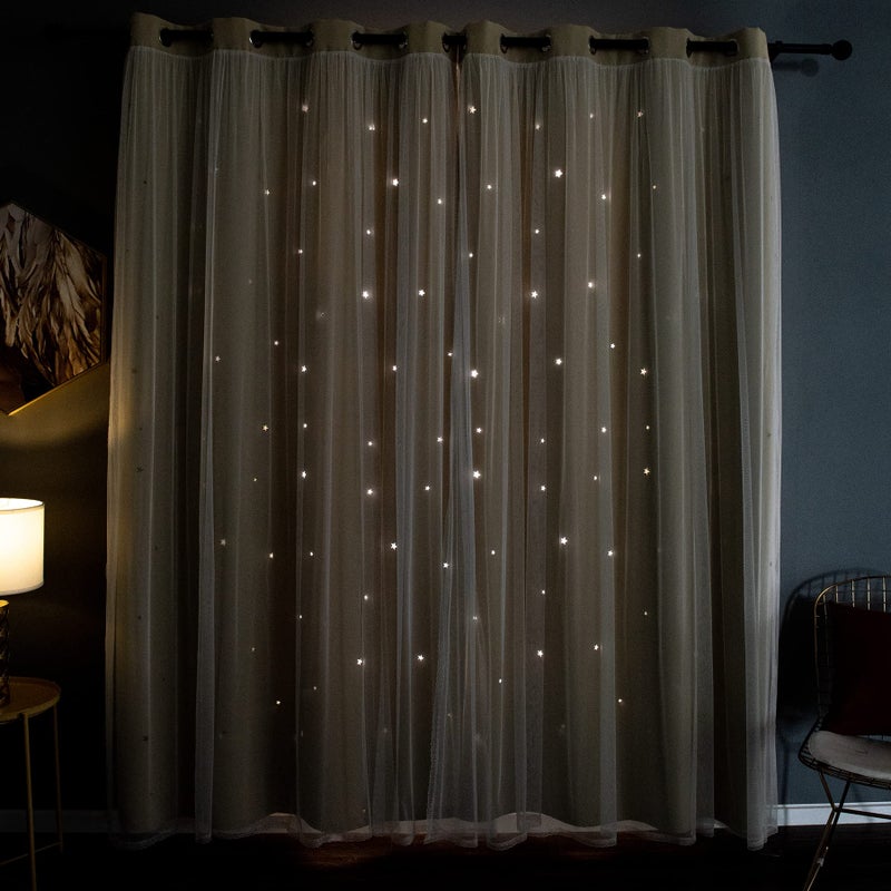 Kinryb Kids Blackout Curtains for Bedroom/Living Room/Classroom, Sheer Overlay 84 Inches 2 Panel Set, Double Layer Curtains with Star Cutout for Kids Room(W 52 x L 84 Inches,Beige 2 Pcs) - Image 1
